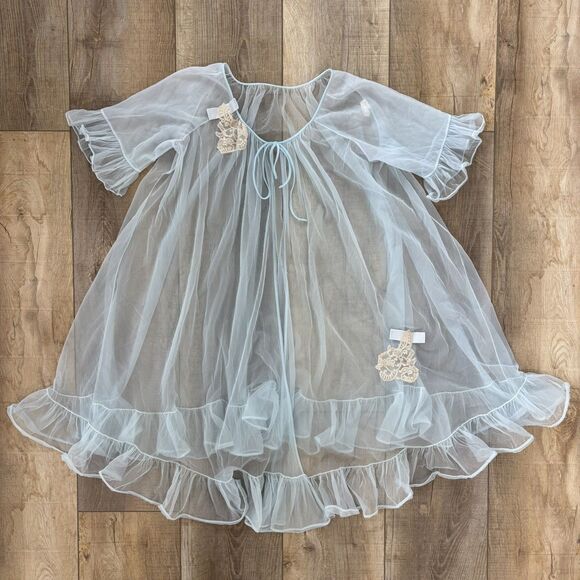 Vtg Lisette Lingerie Blue Lace Chiffon Robe Sz Med Peignoir Negligee Sheer Lace - Picture 5 of 13